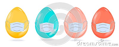 Set of realiistic eggs in mask. Easter 2020 . Coronovirus and easter concept .Vector stock.Scared egg in a medical mask. Vector Illustration