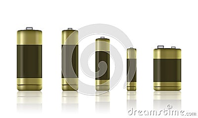 Set of realistic alkaline batteries. Battery type. Size - AA, AAA, PP3 batteries, etc. - stock vector Vector Illustration