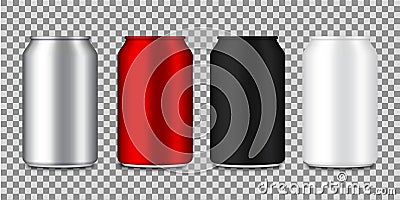 Set of realistic aluminium cans for soda, beer, juice, cola. Metal or steel packaging for beverage. Color bottles. Silver, red, Vector Illustration
