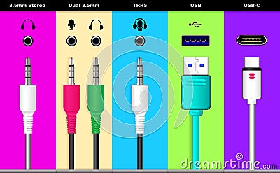 Various audio jack plug for sound system or usb universal audio connector Vector Illustration