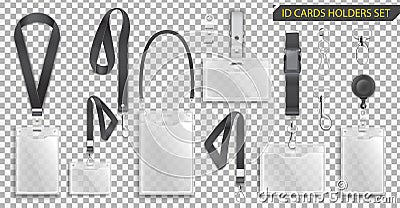Set of realistic badges id cards holders on black lanyards with strap clips, cord and clasps vector Vector Illustration