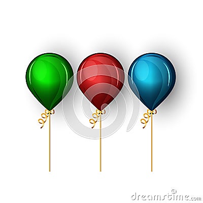 Set of realistic balloons matte blue, red and blue translucent colors, floating helium balls on golden ribbons with shadows, 3D Vector Illustration