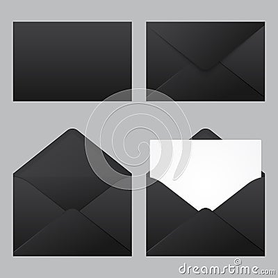 Set of realistic black envelopes mockup. Realistic black envelopes in different positions. Folded and unfolded envelope mockup. Vector Illustration