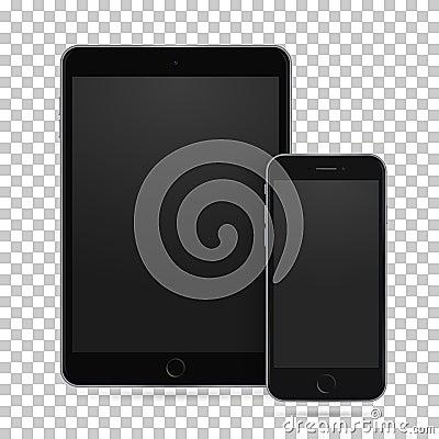 Set of realistic black tablet and mobile phone with empty screen. New electronic gadget Vector Illustration