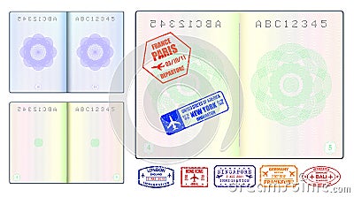 Set of realistic blank passport pages or empty passport with watermark and stamps or open foreign passport pages. eps 10 vector Vector Illustration