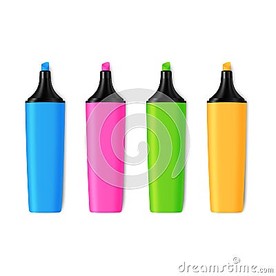 Set of Realistic Blue, Green, Pink, Yellow, Markers. Vector Illustration