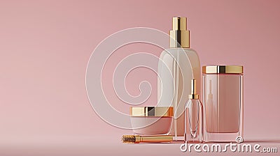 Bottles for cosmetic products. Design of beautiful glass peach beige packaging with gold cap on pink background Stock Photo