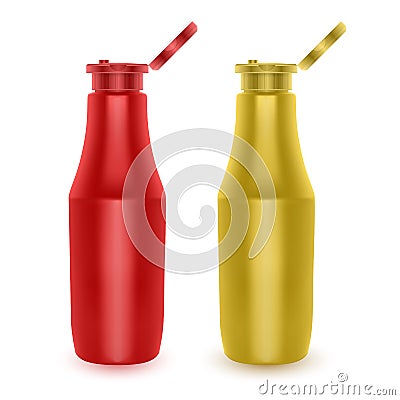 Set of Realistic bottles of ketchup and mustard, Bottles for Branding Isolated on White Background, Vector EPS 10 illustration Vector Illustration