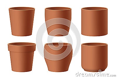 Set of realistic brown ceramic flower pots Vector Illustration