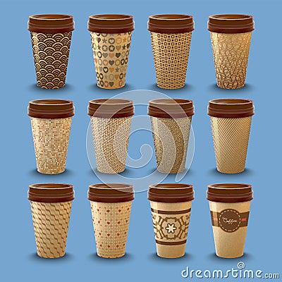 Set of realistic cardboard coffee drinking cups with lids template Vector Illustration