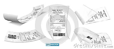 set of realistic cash register sales receipt isolated or cash receipt printed white paper or printout thermal rolled paper. Vector Illustration