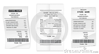 Set of realistic cash register sales receipt isolated or cash receipt printed white paper or printout thermal rolled paper.. Stock Photo