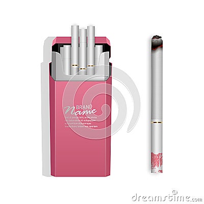 Set of Realistic cigarettes with smoke and lipstick print isolated on white background. Opened Pack of Cigarettes, Female Vector Illustration