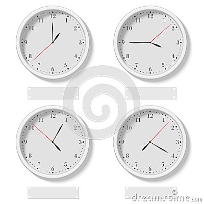 Set of realistic classic round clocks showing various time. World time clock, different time zone vector illustration. Vector Illustration