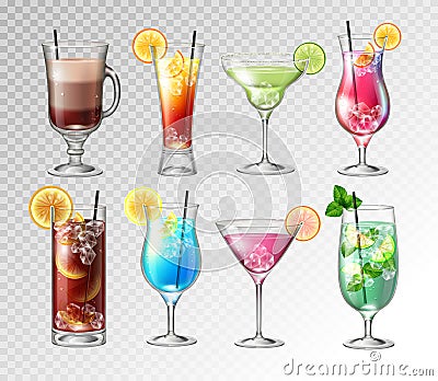 Set of Realistic cocktails on transparent background. Vector Illustration