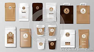 Set of Realistic Coffee packaging Mockup for Coffee shop, Cafe, restaurant. Corporate identity food package. Hot drink Vector Illustration