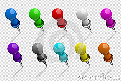 Set of realistic color metal pins whith shadow isolated on white Vector Illustration