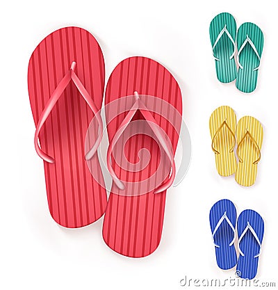 Set of Realistic Colorful Flip Flops Beach Slippers Vector Illustration
