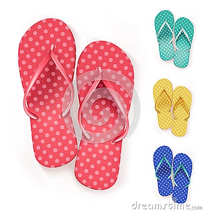 Set of Realistic Colorful Flip Flops Beach Slippers Vector Illustration