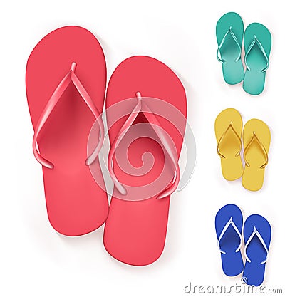 Set of Realistic Colorful Flip Flops Beach Slippers Vector Illustration