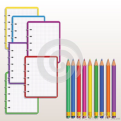 Set of realistic colorful spiral notebook with blank squared paper pages and row of color pencils isolated on white background. De Stock Photo