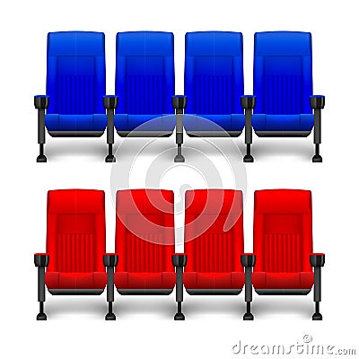 Set of realistic comfortable movie chairs for cinema theater. Cinema empty red and blue seats. Vector illustration Vector Illustration