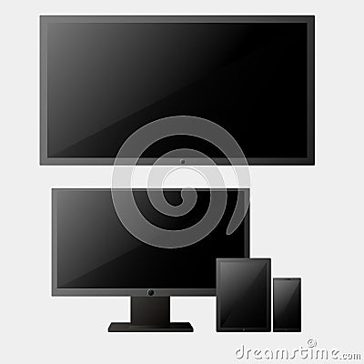 Set of realistic computer monitor, TV LSD, tablet and smartphone. Various modern electronic gadgets Vector Illustration