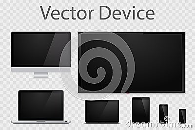 Set of realistic computer monitors, laptops, tablets, TV and mobile phones. Electronic gadgets isolated on transparent background Vector Illustration