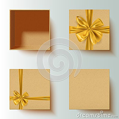 Set of realistic craft paper gift boxes with decorative gold bow, open, closed, vector illustration Vector Illustration