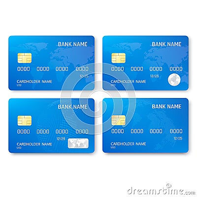 Set of realistic credit card template. Plastic blue credit cards with chip and map picture. Vector illustration Vector Illustration