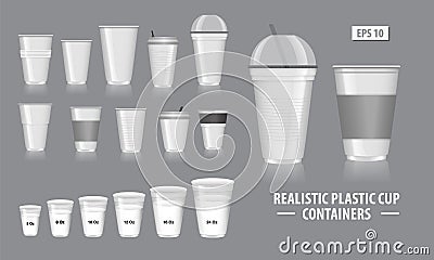 Set of Realistic Cup Containers, with clear plastic in disposable cups, for soda, tea, coffee, and other cold beverages. Stock Photo