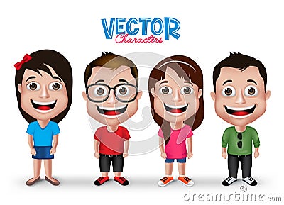 Set of Realistic 3D Boys and Girls Young Adult Kids Characters Vector Illustration