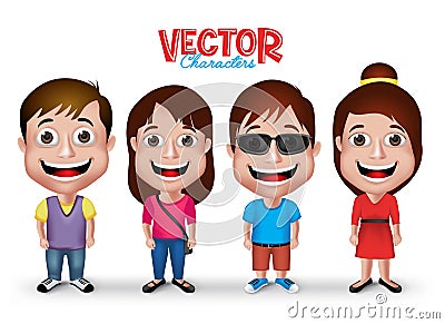 Set of Realistic 3D Boys and Girls Young Adult Kids Characters Vector Illustration