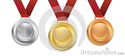 Realistic 3d Champion Gold medal with red ribbon Vector Illustration