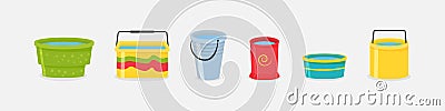 Set of realistic 3d colored empty plastic buckets with handle. The bucket is empty and filled with water. Water pails. Cartoon Illustration