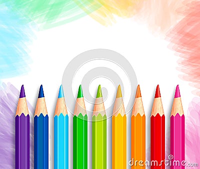 Set of Realistic 3D Colorful Colored Pencils or Crayons Vector Illustration