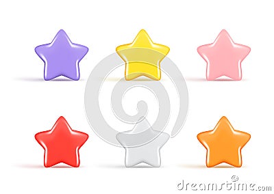 Set of realistic 3d colorful glossy stars. Decorative 3d design of winner emblem, icon symbol of victory, cute star icon, cartoon Vector Illustration