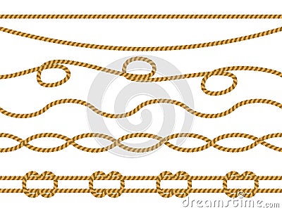 Set of realistic 3d fiber ropes. Rope frame set isolated. Realistic texture string, jute, thread or cord borders pattern. Vector Illustration