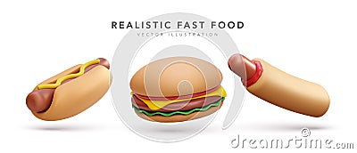 Set of realistic 3d flying burger and hotdogs isolated on white background. Vector illustration Vector Illustration