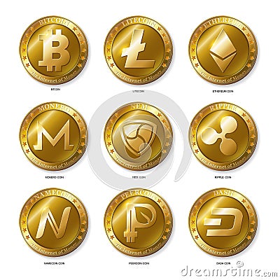 Set of Realistic 3d golden Bitcoin, Litecoin, Ethereum, Editorial Stock Photo