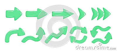 Set of realistic 3d green glossy arrows. Different shape of pointer 3d direction icon. Collection of left, right, straight, up, Vector Illustration
