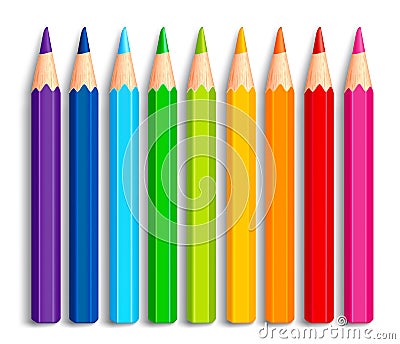 Set of Realistic 3D Multicolor Colored Pencils or Crayons Vector Illustration