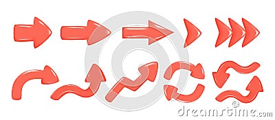 Set of realistic 3d red glossy arrows. Different shape of pointer 3d direction icon. Collection of left, right, straight, up, down Vector Illustration