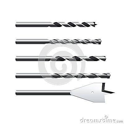 Set of realistic different steel Drill Bits. Vector illustration on white background Vector Illustration