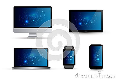 Set of realistic electronic gadgets. Computer monitor, laptop, smart watch, mobile phone, tablet. Vector Illustration