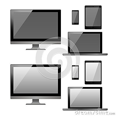 Set of realistic electronic technology devices with empty black and white screen. Laptop, monitor, tablet, mobile phone, smartphon Cartoon Illustration