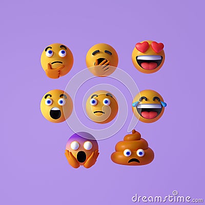 Set of Realistic Emoji or emoticon faces icon. Floating Emojis or emoticons with surprise, funny, and laughing isolated on purple Cartoon Illustration