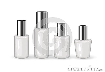 Set of Realistic Empty Plastic Containers with Silver Cap on white background. Cosmetic Vials. Liquid containers Vector Illustration