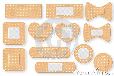 Set of realistic first aid band plaster strip. Elastic bandage patch Vector Illustration