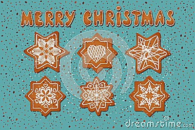 Set of realistic gingerbread stars. The phrase `merry Christmas.` Delicious winter pastries. I Vector Illustration